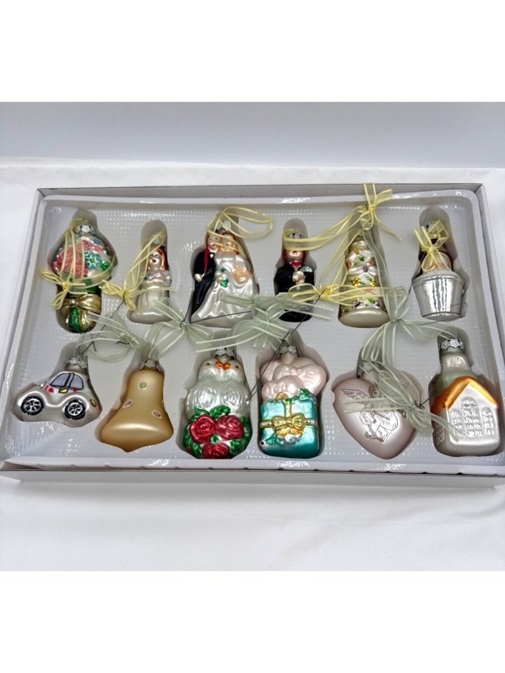 12-Piece Hand-Painted Glass Wedding-Themed Ornament Set With Ribbon Hangers